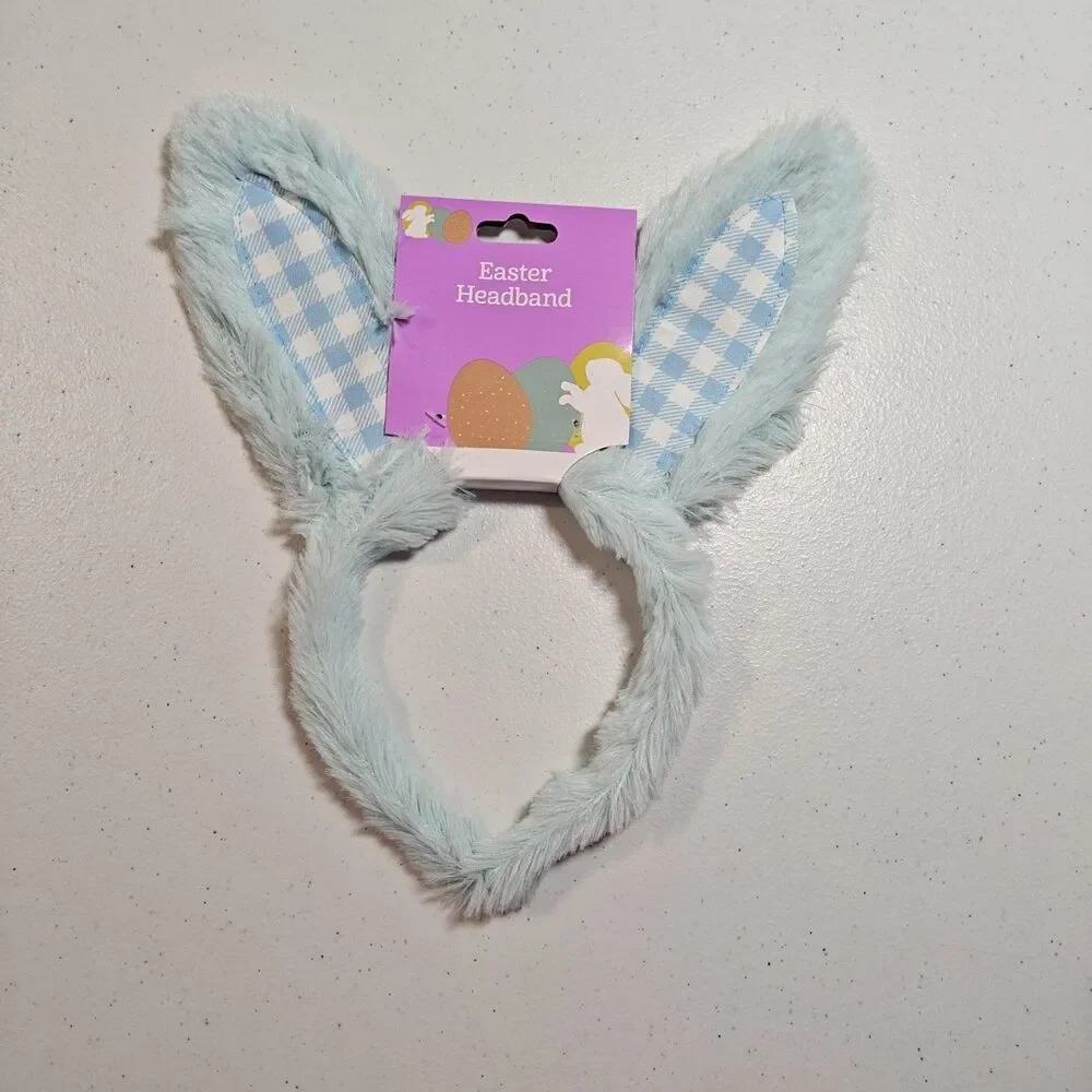 New DanDee Easter Bunny Ears Headband 8 Lot White Blue Plush Gingham Plaid NWT